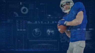 Amerikan futbolcusunun arka plandaki çeşitli veriler üzerindeki animasyonu. küresel spor, rekabet ve teknoloji konsepti dijital olarak oluşturulmuş video.