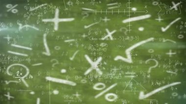 Animation of mathematical equations over green background. school, education and digital interface concept digitally generated video.