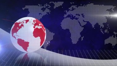 Animation of globe with world map and light trails on blue background. global business and digital interface concept digitally generated video.