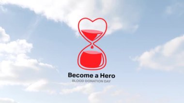 Kalp şeklindeki kan torbasının animasyonu ve bulutların üzerindeki kahraman metni olmak. Kan bağışı günü konsepti dijital olarak oluşturulmuş video.