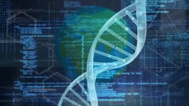Animation of spinning dna strand over geometrical shapes and globe. global science research and technology concept digitally generated video.