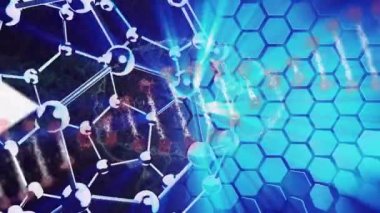 Animation of dna strand and moving shape over white arrows. science and digital interface concept digitally generated video.