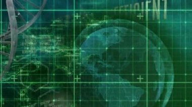Şebeke ve dünya üzerinde dönen DNA iplikçiklerinin animasyonu. Dijital ortamda üretilmiş küresel bilim ve teknoloji kavramı.