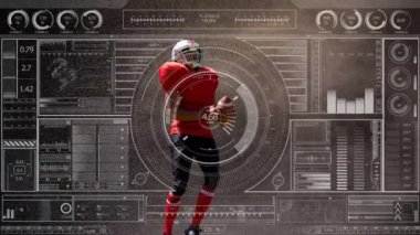 Amerikan futbolcusu üzerinde farklı veri işleme animasyonları. küresel spor, rekabet ve teknoloji konsepti dijital olarak oluşturulmuş video.
