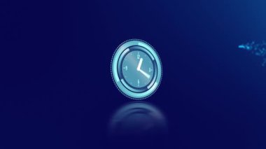 Animation of clock over blue trails on dark blue background. time passing, colour and movement concept digitally generated video.