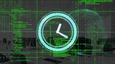 Ofiste hareket eden veri işleme ve saatin animasyonu. küresel iş ve dijital arayüz kavramı dijital olarak oluşturulmuş video.