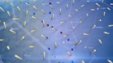 Animation of science data processing over blue background. global science research and technology concept digitally generated video.