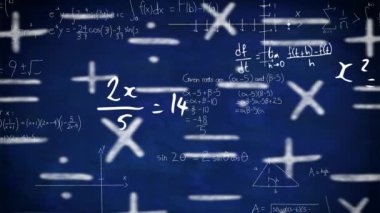 Mavi arkaplanda matematiksel denklemlerin animasyonu. okul, eğitim ve dijital arayüz kavramı dijital olarak oluşturulmuş video.