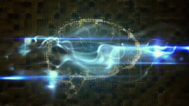 Animation of digital brain over light trails on black background. social media and communication interface concept digitally generated video.