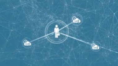 Mavi arkaplanda medya simgelerinin ve bağlantı ağının canlandırılması. Sosyal medya ve iletişim arayüzü kavramı dijital olarak oluşturulmuş video.