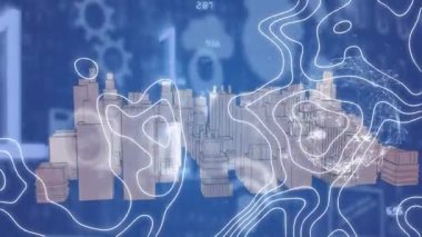 Veri işleme ve şehir manzarası üzerinde dünyanın animasyonu. küresel bağlantılar, iş dünyası, dijital arayüz, teknoloji ve ağ konsepti dijital olarak oluşturulmuş video.