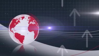 Siyah zemin üzerinde oklar olan ışık ve kürenin animasyonu. küresel iş ve dijital arayüz kavramı dijital olarak oluşturulmuş video.