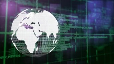 Küre ve veri işleme animasyonu. küresel bağlantılar, iş dünyası, dijital arayüz, teknoloji ve ağ konsepti dijital olarak oluşturulmuş video.