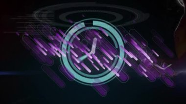 Animation of clock moving and purple lines over dna strand. science and digital interface concept digitally generated video.