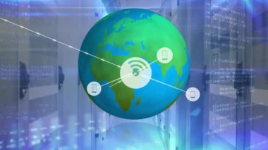 Animation of network of connection with icons and globe over severer room. global connections, business, digital interface, technology and networking concept digitally generated video.
