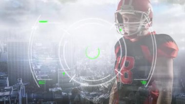 Amerikan futbolcusu üzerinde radar, veri ve şehir manzarası animasyonu. küresel spor, rekabet ve teknoloji konsepti dijital olarak oluşturulmuş video.