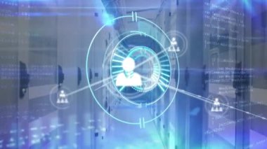 Daha ciddi bir odanın üzerindeki simgelerle bağlantı ağının animasyonu. küresel bağlantılar, iş dünyası, dijital arayüz, teknoloji ve ağ konsepti dijital olarak oluşturulmuş video.