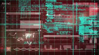 Karanlık arka planda bilimsel veri işleme animasyonu. Dijital ortamda üretilmiş küresel bilim ve teknoloji kavramı.