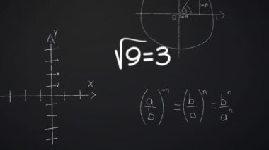 Siyah arkaplan üzerinde matematiksel denklemlerin animasyonu. küresel eğitim, bağlantılar, veri işleme ve teknoloji konsepti dijital olarak oluşturulmuş video.