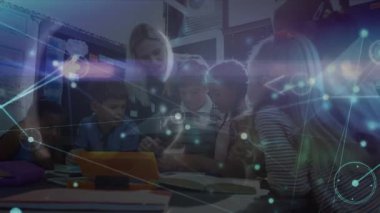 Animation of networks of connections and numbers over diverse schoolchildren and teacher. global education, technology and connections concept digitally generated video.