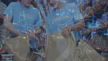 Depoda çalışanların üzerindeki çizgilerin animasyonu. küresel gönderim, dağıtım, iş, veri işleme ve teknoloji konsepti dijital olarak oluşturulmuş video.