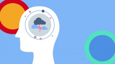 Mavi arkaplanda bulutların simgesi olan birden fazla renkli hareket eden daire ve kafanın animasyonu. soyut arkaplan kavramı dijital olarak oluşturulmuş video.