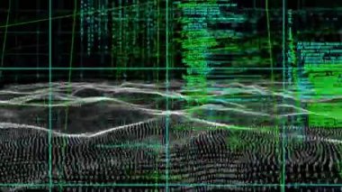 Karanlık arka planda bilimsel veri işleme animasyonu. Dijital ortamda üretilmiş küresel bilim ve teknoloji kavramı.