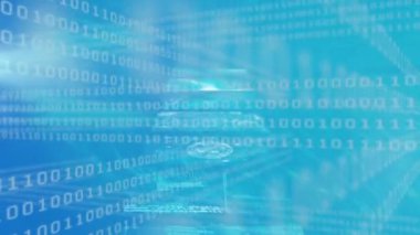 Animation of data processing and binary coding on screens over blue background. global technology, digital interface and connections concept digitally generated video.