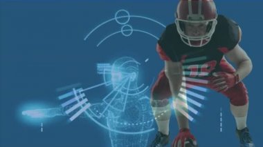 Amerikan futbolcusunun daireleri ve mavi arka plandaki çeşitli verileri incelerkenki animasyonu. küresel spor, rekabet ve teknoloji konsepti dijital olarak oluşturulmuş video.