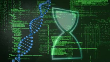 Veri işleme üzerinde dönen DNA iplikçiklerinin animasyonu. Dijital ortamda üretilmiş küresel bilim ve teknoloji kavramı.