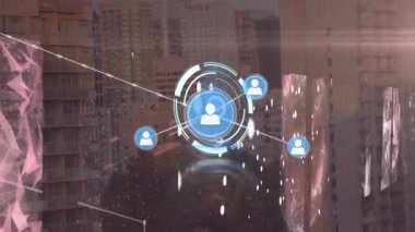 Şehir manzarası üzerindeki simgelerle bağlantı ağının canlandırılması. küresel bağlantılar, iş dünyası, dijital arayüz, teknoloji ve ağ konsepti dijital olarak oluşturulmuş video.
