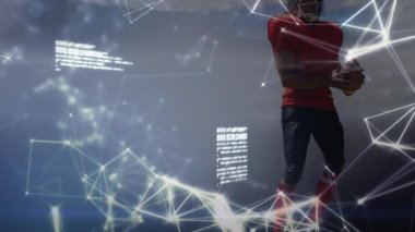 Amerikan futbolcusu üzerinden veri işleme animasyonu. küresel spor, rekabet ve teknoloji konsepti dijital olarak oluşturulmuş video.