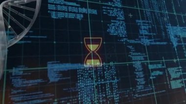 Şebeke ve dünya üzerinde dönen DNA iplikçiklerinin animasyonu. Dijital ortamda üretilmiş küresel bilim ve teknoloji kavramı.