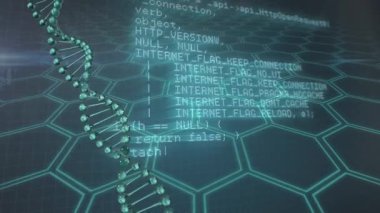 Veri işleme üzerinde dönen DNA iplikçiklerinin animasyonu. Dijital ortamda üretilmiş küresel bilim ve teknoloji kavramı.