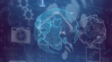 Veri işleme üzerinde dünyanın animasyonu. küresel bağlantılar, iş dünyası, dijital arayüz, teknoloji ve ağ konsepti dijital olarak oluşturulmuş video.