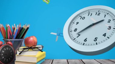 Animation of moving clock and school items with icons on blue background. school and education concept digitally generated video.