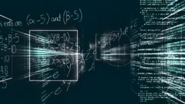 Animation of mathematical equations and data processing over black background. 