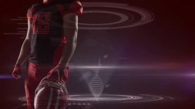 Amerikan futbolcusunun orta bölümünün animasyonu arka plandaki çeşitli veriler üzerinde. küresel spor, rekabet ve teknoloji konsepti dijital olarak oluşturulmuş video.