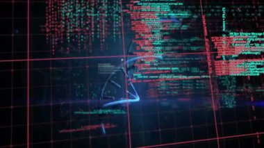 Karanlık arka plandaki bilimsel veri işleme üzerinde DNA iplikçiklerinin animasyonu. Dijital ortamda üretilmiş küresel bilim ve teknoloji kavramı.