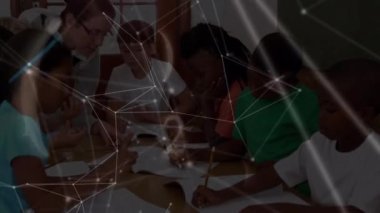 Animation of networks of connections and numbers over diverse schoolchildren and teacher. global education, technology and connections concept digitally generated video.