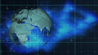 Animation of spinning globe over grid on black background. global connections, business, digital interface, technology and networking concept digitally generated video.