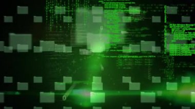 Karanlık arka planda bilimsel veri işleme animasyonu. Dijital ortamda üretilmiş küresel bilim ve teknoloji kavramı.