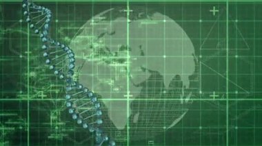 Şebeke ve dünya üzerinde dönen DNA iplikçiklerinin animasyonu. Dijital ortamda üretilmiş küresel bilim ve teknoloji kavramı.
