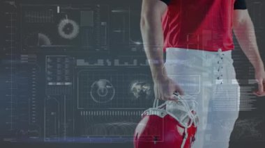 Kafkas Amerikan futbolcusunun çeşitli veriler üzerinden orta bölümünün canlandırılması. küresel spor, rekabet ve teknoloji konsepti dijital olarak oluşturulmuş video.