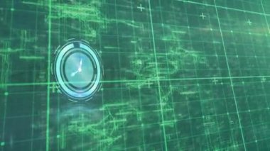 Animation of clock over green grid. global science research and technology concept digitally generated video.