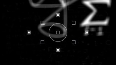 Animation of mathematical equations and moving shapes on black background. school, education and digital interface concept digitally generated video.