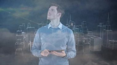 Kafkas iş adamının şehir manzarası üzerinde tablet ve bağlantı ağı kullanarak animasyonu. küresel iş, bağlantılar, dijital arayüz ve teknoloji konsepti dijital olarak oluşturulmuş video.