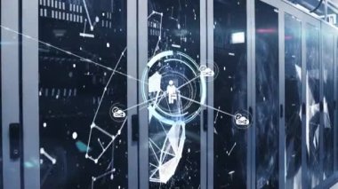 Daha ciddi bir odanın üzerindeki simgelerle bağlantı ağının animasyonu. küresel bağlantılar, iş dünyası, dijital arayüz, teknoloji ve ağ konsepti dijital olarak oluşturulmuş video.