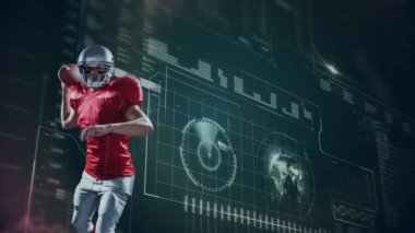Amerikan futbolcusunun arka plandaki çeşitli veriler üzerindeki animasyonu. küresel spor, rekabet ve teknoloji konsepti dijital olarak oluşturulmuş video.