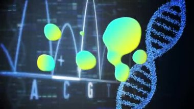 Animation of green stain and dna strand with diagram on black background. social media and communication interface concept digitally generated video.